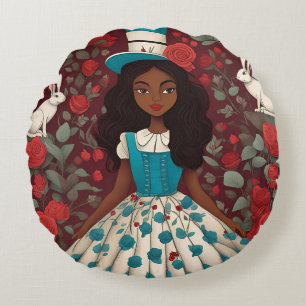 Black Alice in Wonderland Round Cushion