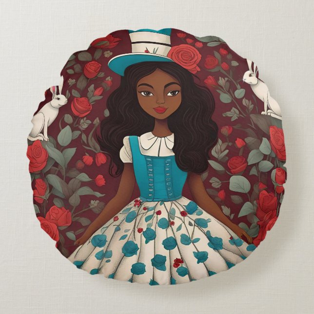 Black Alice in Wonderland Round Cushion (Front)