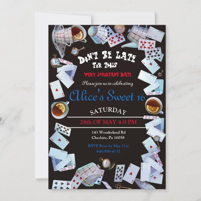 Black Alice In Wonderland Tea Party Invitations (Front)