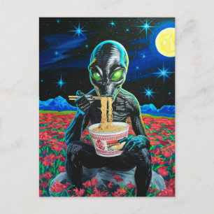 Black Alien Green Eyes Eating Noodles in Flowers Postcard