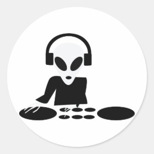 black alien turn tables dj icon classic round sticker