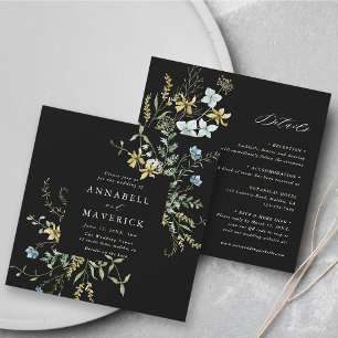 Black All In One Delicate Wildflower Boho Wedding Invitation