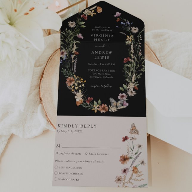 Black All in One Wedding Invite (Black Boho Floral All in One Wedding Invite with Butterfly by Painted Paperie
)