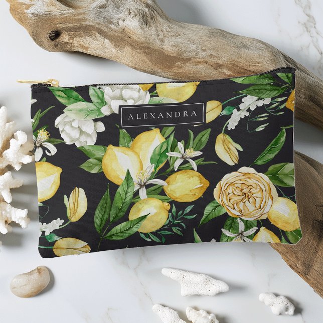 Black | Amalfi Coast Lemon Blossom Personalised Accessory Pouch (Creator Uploaded)