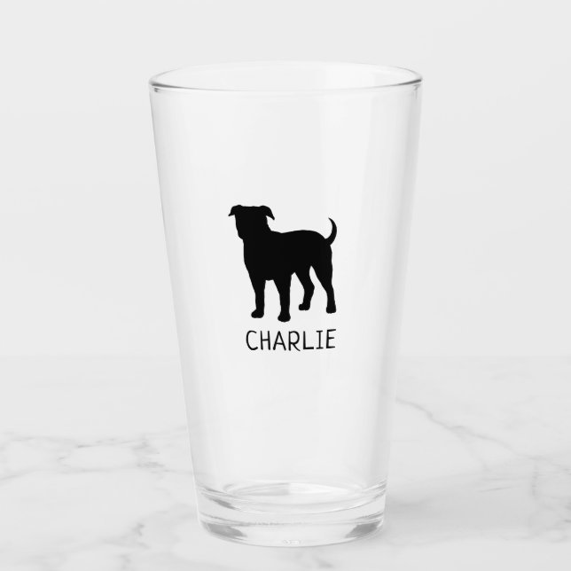 Black American Bulldog Silhouette Personalised Glass (Front)