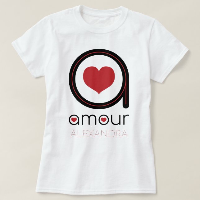 Black Amour Love, Red Heart, Name Customised T-Shirt (Design Front)