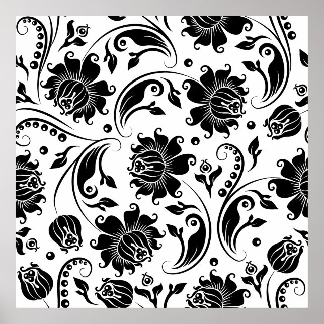 Black an white floral damask poster (Front)