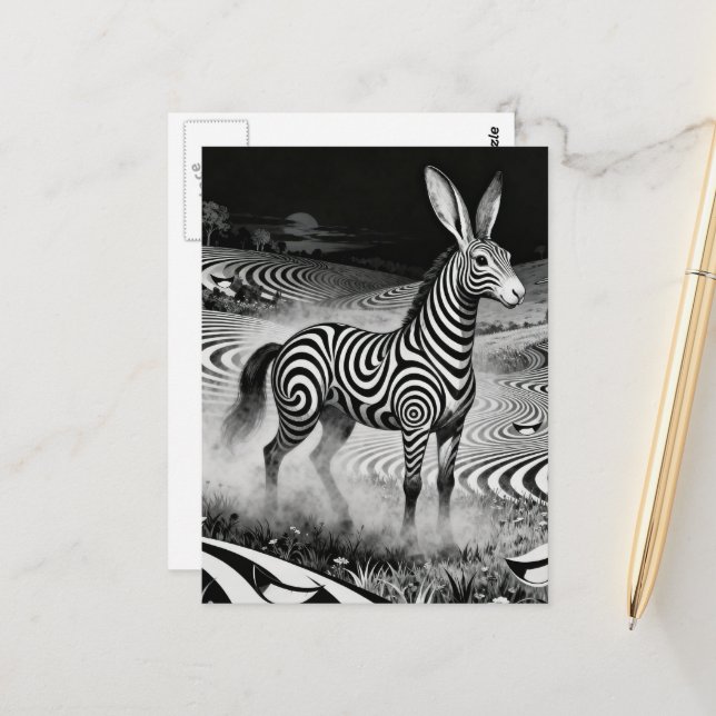 Black an White Op art Fantasy Rabbit Horse Critter Postcard (Front/Back In Situ)