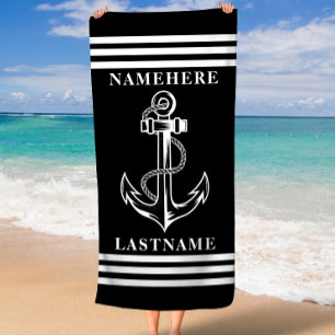 Black Anchor and Stripes Custom Name or Text Beach Towel