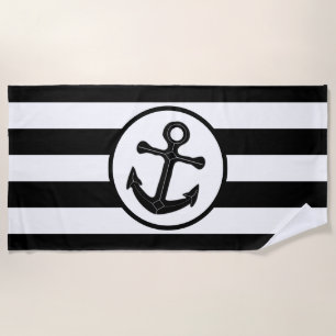 Black Anchor Design Striped Beach Towel