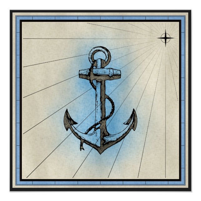 Black Anchor Marine Print with Blue Frame (Front)