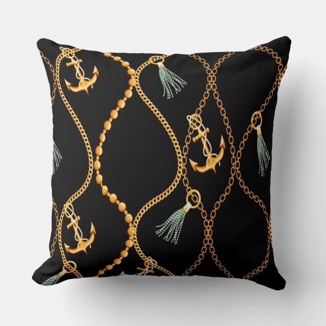 Black Anchors & Chains Nautical Cushion (Front)