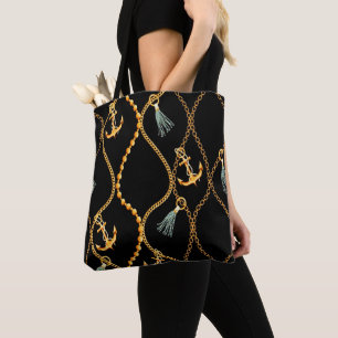 Black Anchors & Chains Nautical Tote Bag