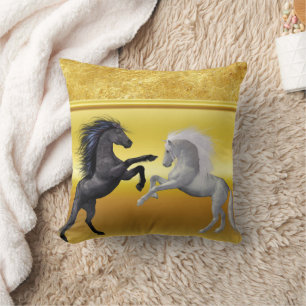Black and a white Horse that are fighting Cushion