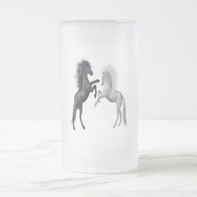 Black and a white Horse that are fighting Frosted Glass Beer Mug (Center)
