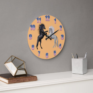 Black and a white Horse that are fighting  Large Clock