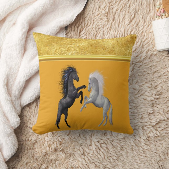 Black and a white Horse that are fighting orange Cushion (Blanket)