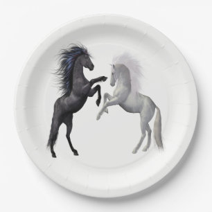 Black and a white Horse that are fighting Paper Plate