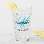 Black and Aqua Blue Fancy Monogram Maid of Honour Glass<br><div class="desc">A girly personalised monogram with a fancy calligraphy script pairing in vivid aqua sky blue and black. Create your own pretty glass tumbler thank you gift for a bridesmaid or your maid of honour. Customise the monogram font colour to match your wedding palette. The fancy flourish of this monogram may...</div>