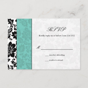 Black and Aqua Damask Wedding RSVP Card