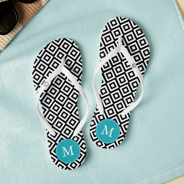 Black and Aqua Diamonds Monogrammed Jandals (Creator Uploaded)