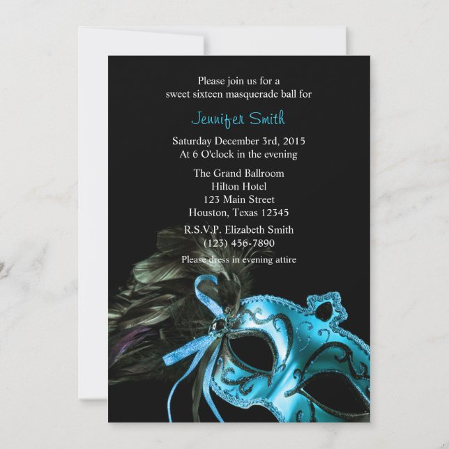 Black and Aqua Masquerade Sweet 16 Ball Invitation (Back)