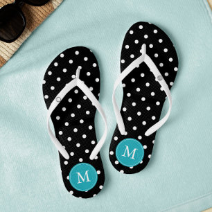 Black and Aqua Polka Dots Monogrammed Jandals