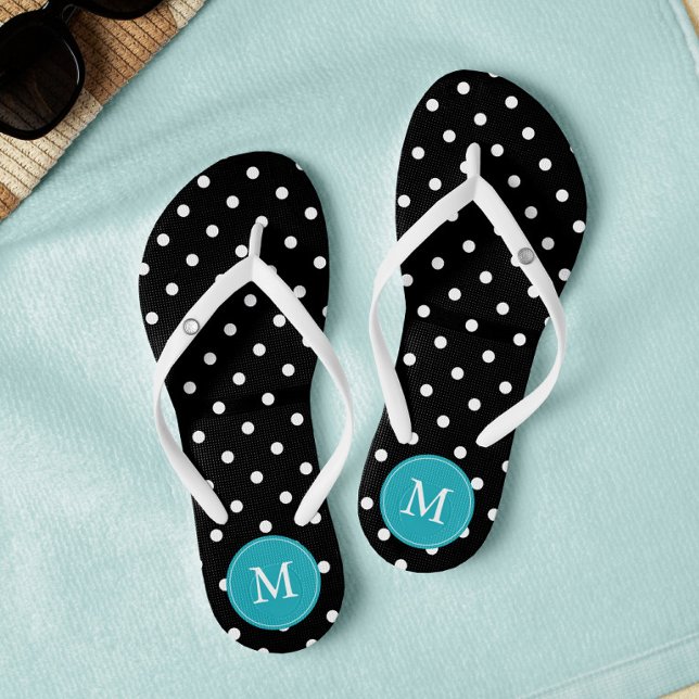Black and Aqua Polka Dots Monogrammed Jandals (Creator Uploaded)
