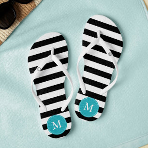 Black and Aqua Stripes Monogrammed Jandals