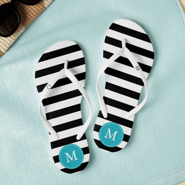 Black and Aqua Stripes Monogrammed Jandals (Creator Uploaded)