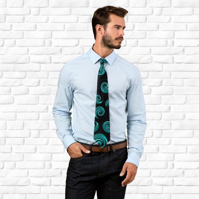 Black and Aqua Teal Swirls Tie (Black and Aqua Teal Swirls Neck Tie)
