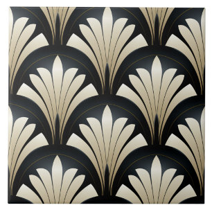 Black and Beige Art Deco Floral Fans Tile