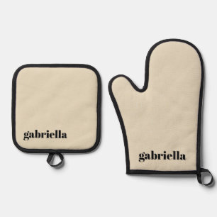 Black and Beige Bold Typography Personalized Name  Oven Mitt & Pot Holder Set