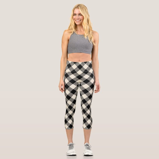 Black and Beige Diagonal Gingham Plaid Pattern Capri Leggings (Front)