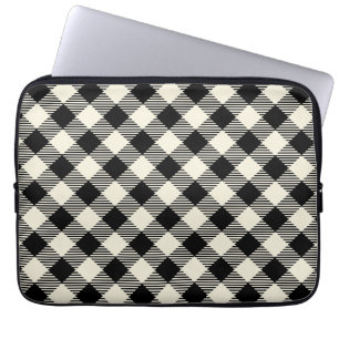 Black and Beige Diagonal Gingham Plaid Pattern Laptop Sleeve