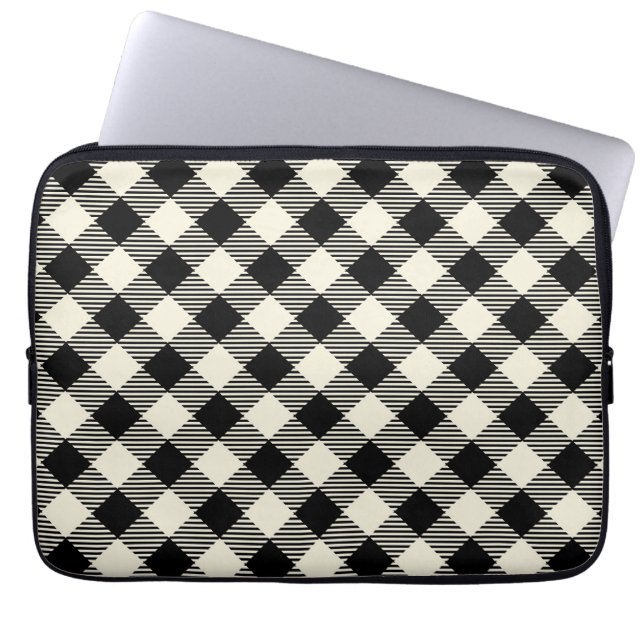 Black and Beige Diagonal Gingham Plaid Pattern Laptop Sleeve (Front)