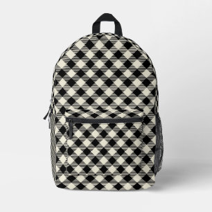 Black and Beige Diagonal Gingham Plaid Pattern Printed Backpack