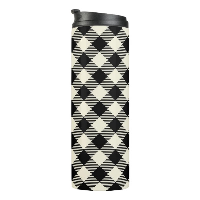Black and Beige Diagonal Gingham Plaid Pattern Thermal Tumbler (Rotated Right)