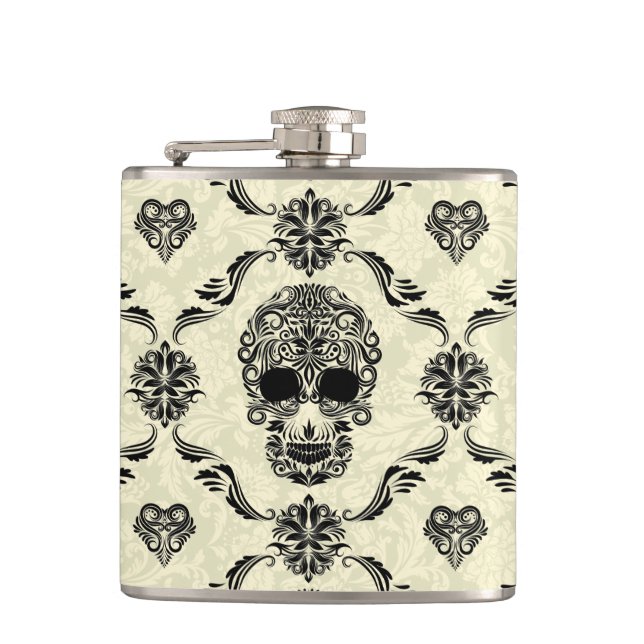 Black And Beige Floral Sugar Skull Hip Flask (Front)