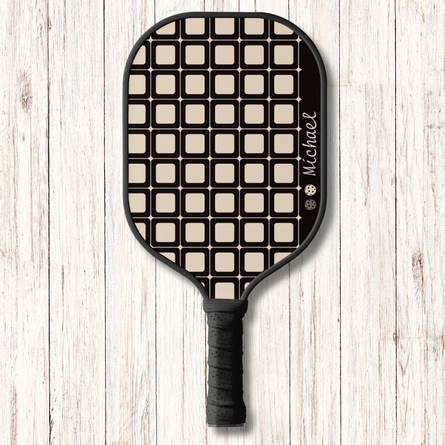 Black and Beige Geometric Pattern Modern Monogram  Pickleball Paddle (Creator Uploaded)