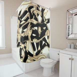 Black and beige scraps, destroyed tapes upon clear shower curtain