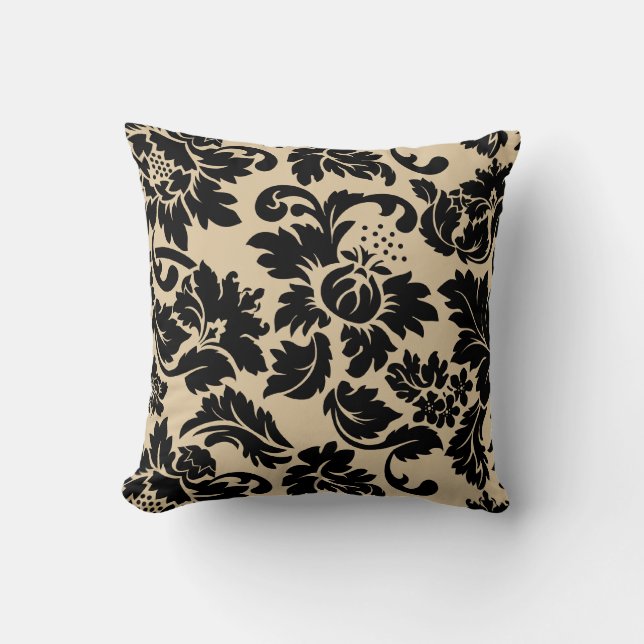 Black And Beige Vintage Floral Damasks Cushion (Front)