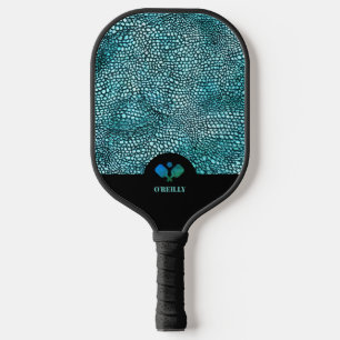 Black and Blue Animal Skin Pattern Modern Monogram Pickleball Paddle
