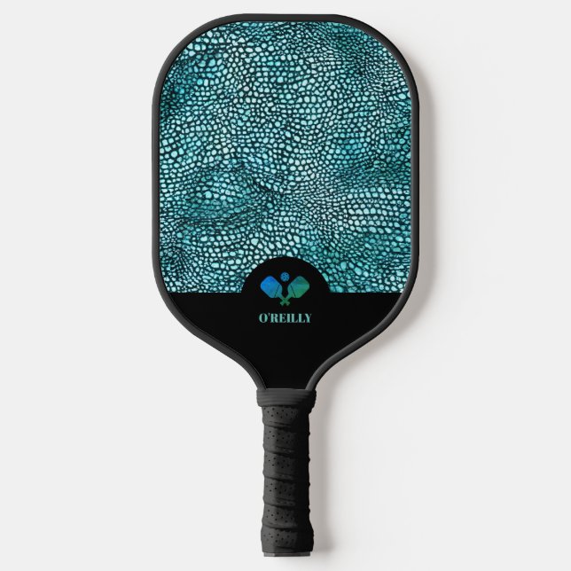Black and Blue Animal Skin Pattern Modern Monogram Pickleball Paddle (Front)