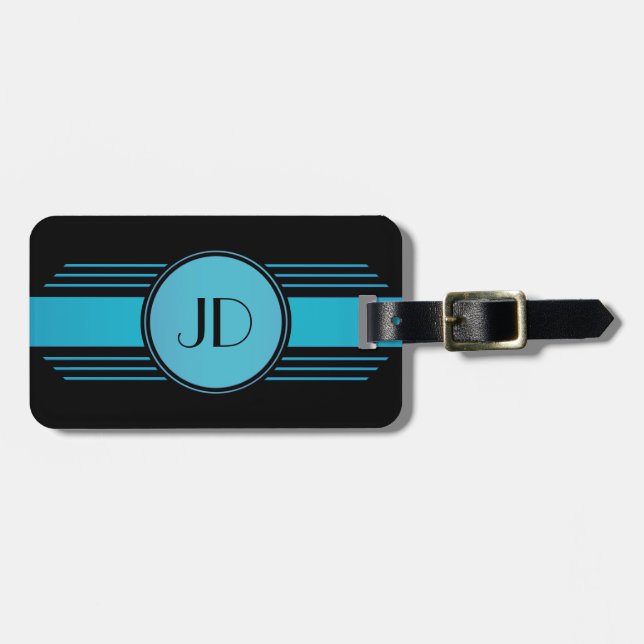 Black and Blue Art Deco Monogrammed Luggage Tag (Front Horizontal)