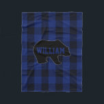 Black and Blue Buffalo Check Bear Monogram Fleece Blanket<br><div class="desc">Rustic bear, black and blue plaid personalised blanket- Lumberjack plaid pattern background in black and blue. Personalised name in matching blue, athletic retro style overlaid on a black bear shadow with a grey outline. Cute, custom baby boy shower gift, gift for new baby boy, woodland animals theme nursery decor or...</div>