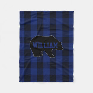 Black and Blue Buffalo Check Bear Monogram Fleece Blanket