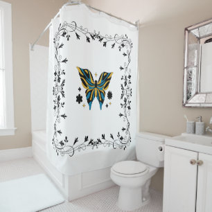 Black and Blue Butterfly Floral Art Shower Curtain