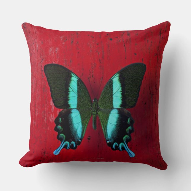 Black and blue butterfly on red wall cushion (Front)