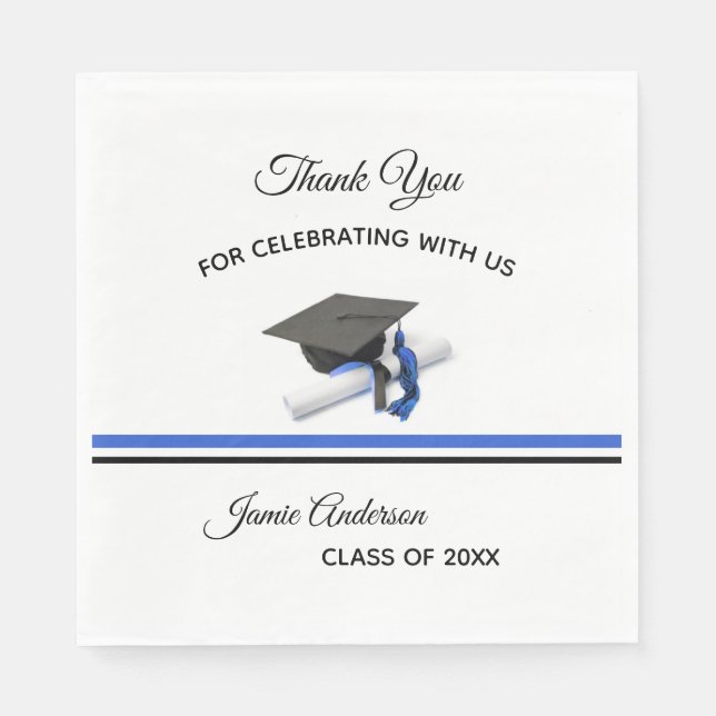 Black and Blue Cap & Tassel | Graduation Party Napkin (Front)